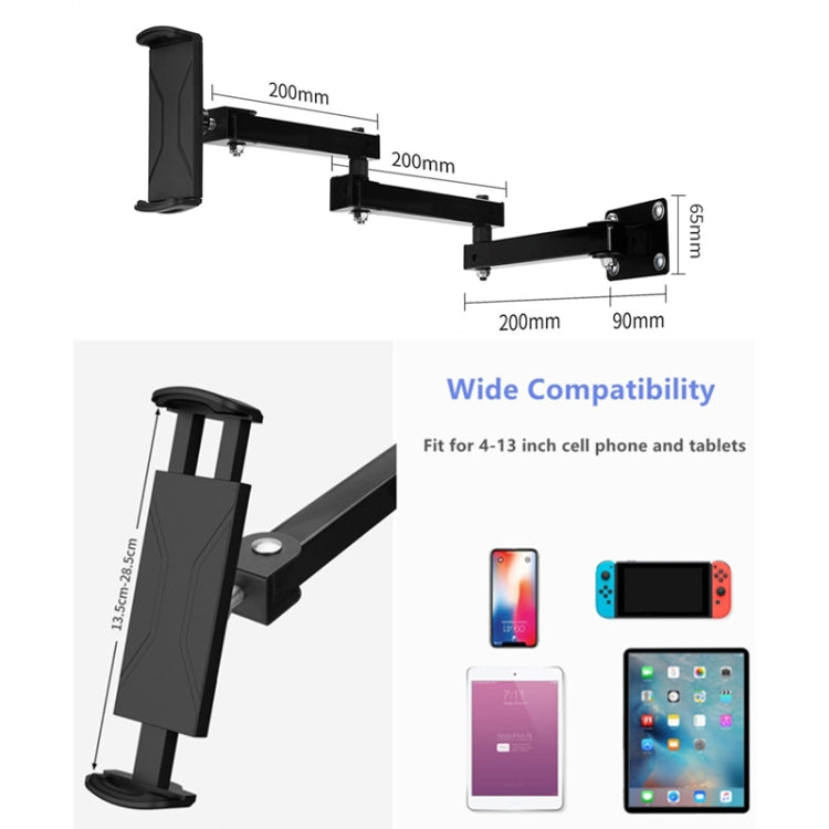 Wall Mount Tablet Cell Phone Stand Long Arm Stretchable Holder for 4-13 Inch Devices